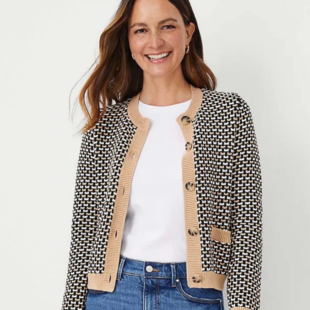 Ann Taylor Geo Stitch Sweater Jacket Cardigan Size L